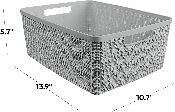 Curver Jute Decorative Plastic Organization and Storage Basket Perfect Bins for Home Office, Closet Shelves, Kitchen Pantry and All Bedroom Essentials, (Set of 6), Grey, Medium-Ruum Studio Home