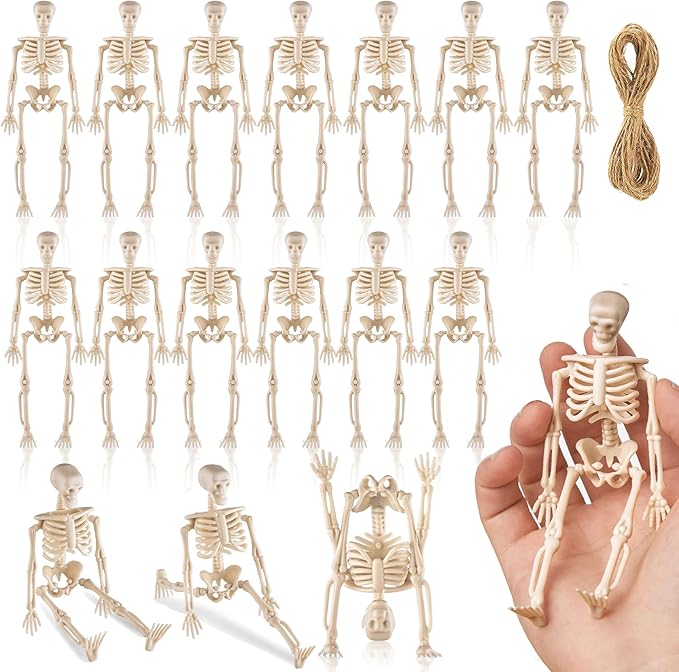 16 Pcs Halloween Mini Skeleton Figurine Decoration,6”Halloween posable Skeleton Decor,Small Plastic Skeleton Figure for Spooky Home Decor Haunted House Decorations Party Favors-Ruum Studio Home