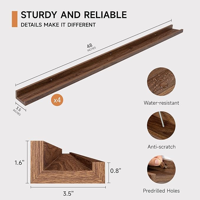 Picture Ledge Shelf for Wall, Floating Shelves Set of 4, 48 Inch Long Nursery Book Shelves for Toys Storage, Kids Bookshelf Wall Mounted for Books Photo Frames, Walnut-Ruum Studio Home