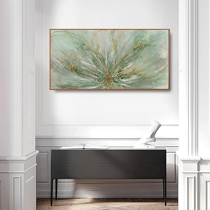 YJYart Green Abstract Canvas Artwork Flowers Wall Decor for Office Line Art Painting 24"x 48" Pictures for Bedroom Dining Room Neutral Wall Art-Ruum Studio Home