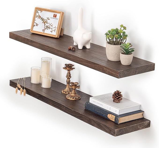 Fun Memories Floating Shelves for Wall, 36"x9.3" Rustic Solid Elm Wood Shelves, Heavy-Duty Wall Mounted Shelves with Invisible Brackets, Set of 2 for Living Room, Bedroom, Kitchen, Walnut Finish-Ruum Studio Home