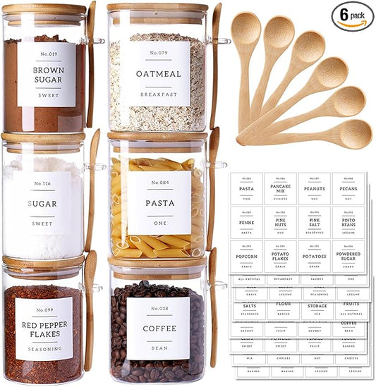 6 Pack Glass Jars with Bamboo Lid and Spoons - 17Oz/27Oz Borosilicate Glass Jars with 132 Pantry Labels - for Coffee Beans, Tea, Sugar & More-Ruum Studio Home
