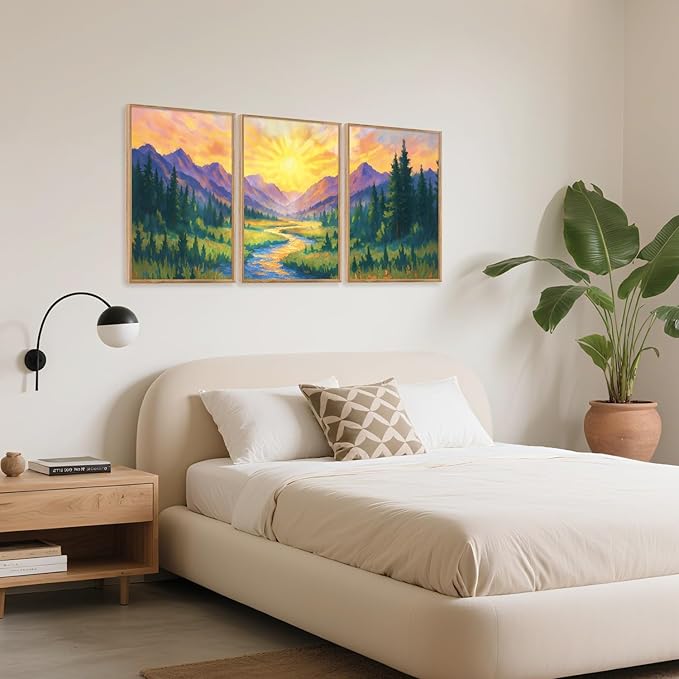 HPNIUB Vintage Mountain Framed Canvas Wall Art Set, Boho Sunrise Art Prints, Forest Nature Wilderness Art Paintings, Modern Farmhouse Pine Tree Wall Decor for Living Room Bedroom, Office- 16"x24"x3-Ruum Studio Home