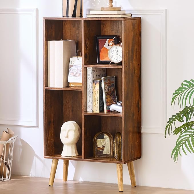 LEYAOYAO 5 Cube Small Bookshelf,3 Tier Mid-Century Bookcase with Legs,Wood Bookshelves Storage Organizer Shelf,Narrow Book Shelves,Brown Bookcases-Ruum Studio Home
