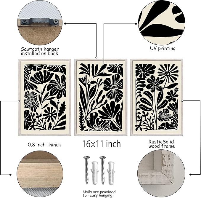 Abstract Floral Botanical Wall Art 16x11 Inch 3 Piece Black Vintage Boho Plant Flower Minimalist Wood Frame Sign Home Living Room Family Office Mid Century Print Wall Hanging Decor (White)-Ruum Studio Home