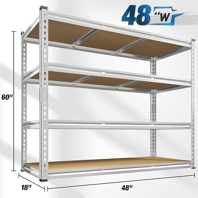 REIBII Garage Shelving, 4 Tier Storage Shelves Load 2000LBS, Adjustable Garage Shelving Heavy Duty, Metal Shelves Unit for Basement, Warehouse, 48" W x 60" H x 18" D, Galvanized-Ruum Studio Home