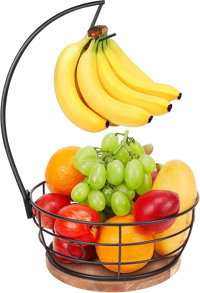 Livabber Countertop Fruit Basket Bowl with Banana Hanger, Modern Standing Fruit Vegetable Bowl Storage, with Banana Tree Holder for Kitchen Dinning Table (Round Wood, Black)-Ruum Studio Home