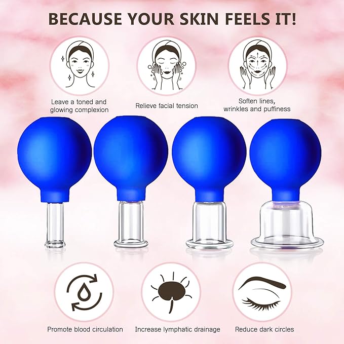 4 Size Facial Cupping Therapy Set Glass, Eye Face Vacuum Massage Anti Cellulite Cup - Silicone Cupping Massage Therapy, for Beauty Body Cup Fascia Massager(Softcover-Blue)-Ruum Studio Home