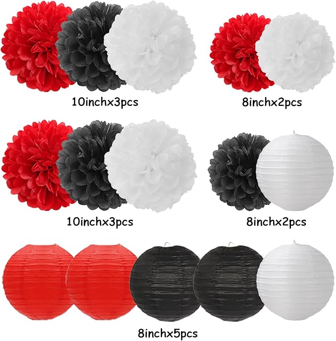 Red-Black White Party-Decorations Paper Flowers Lanterns - 15PCS Halloween Birthday Tissue Pom Poms Streamers,Wedding Baby Bridal Shower Hanging Supplies Decor Hugfond-Ruum Studio Home