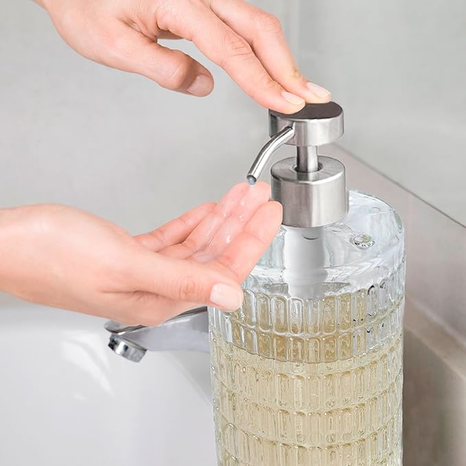 Lunestella Elegant Glass Hand Soap Dispenser with Stainless Steel Pump, for Bathroom and Kitchen, Rust Proof, 17oz (Silver)-Ruum Studio Home