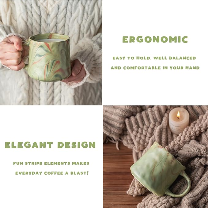 Abstract Art Ceramic Coffee Mugs Set - 2 Pack, Mint Green with Red and White Accents, Handcrafted Design for Modern Kitchen or Office-Ruum Studio Home