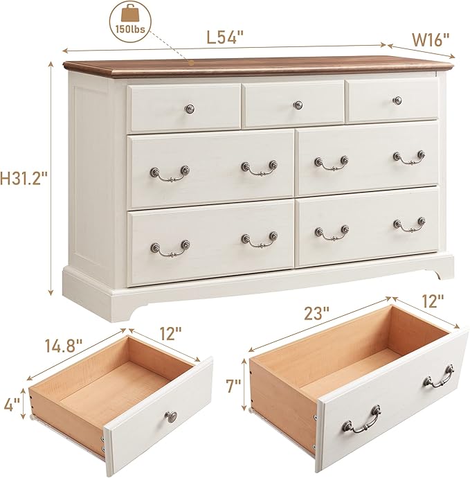 T4TREAM 7 Drawers Dresser Chests for Bedroom, Wood Vintage Chests of Drawers, Rustic Dressers Chset Organizer for Bedroom, Living Room, Hallway, Antique White-Ruum Studio Home