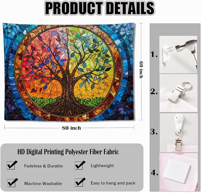 keowhsf Tree of Life Tapestry Wall Hanging – Colorful Stained Glass Look Wall Art with Fantasy Aesthetic, Large Tapestry for Bedroom, Living Room, Home Decor-Ruum Studio Home