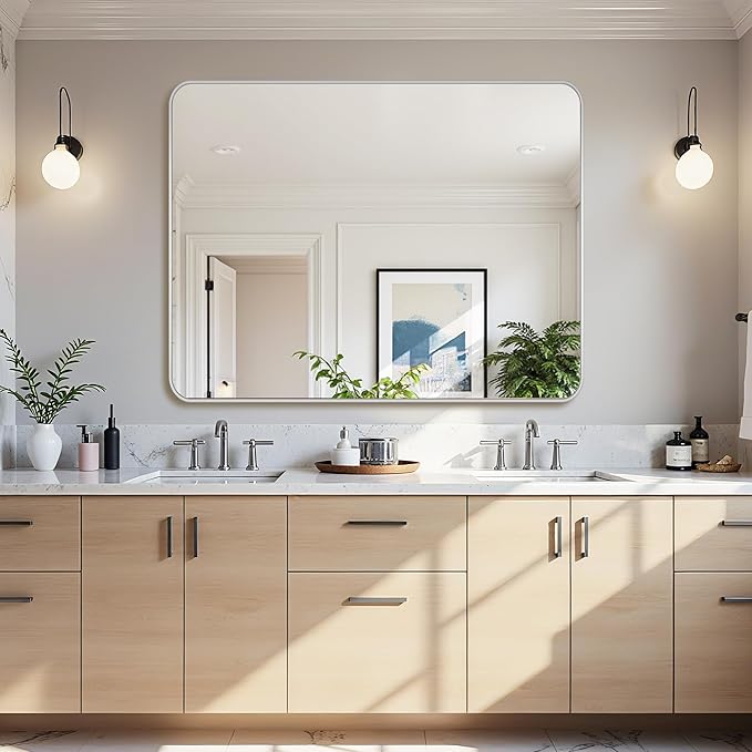 Bathroom Mirror 48" x 36", Large Rectangle Wall Mirror, Silver Metal Frame Wall Mounted Mirrors for Bathroom, Vanity, Bedroom, Entryway Decor(Horizontal/Vertical)-Ruum Studio Home