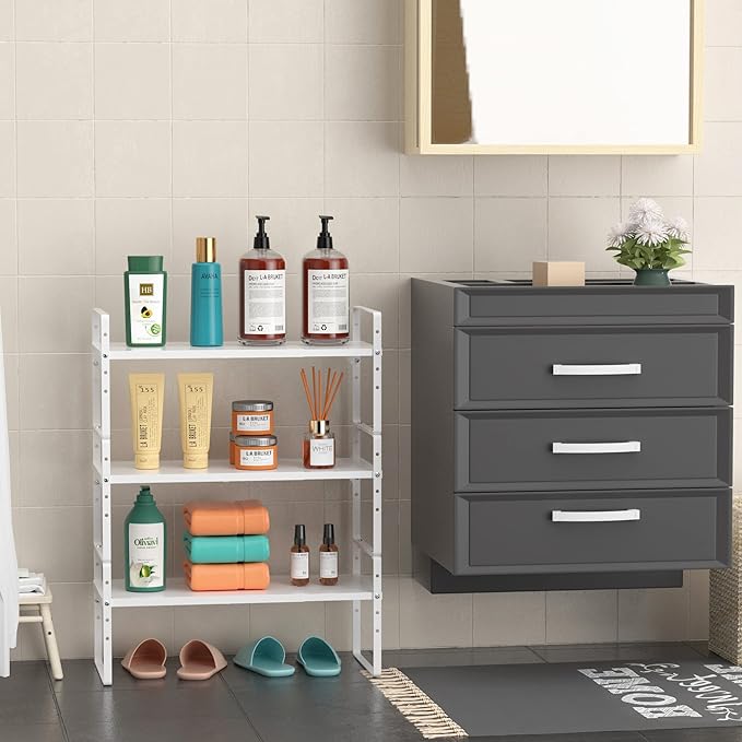 iPEGTOP Expandable Cabinet Storage Shelf Organizer Rack, Heavy Duty Cupboard Stand Spice Rack Adjustable Height Garage Pantry Shelf Space Riser for Counter Kitchen Organization, White, 1 Pack-Ruum Studio Home