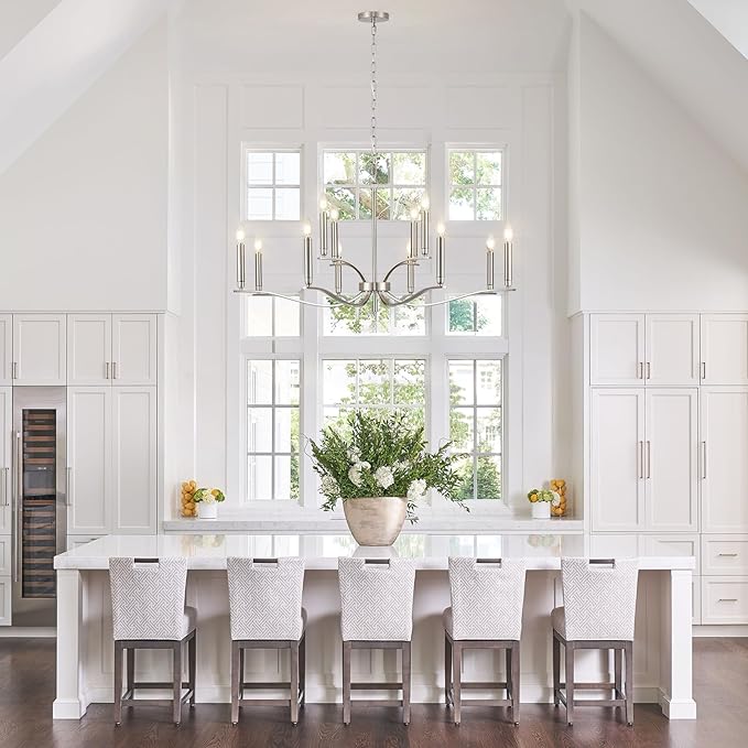 12 Light Nickel Living Room Chandelier High Ceiling Foyer Candle Chandelier Large Modern 44in Metal Chandeliers Hanging Light for Master Bedroom Dining Room Light Fixture Over Table-Ruum Studio Home
