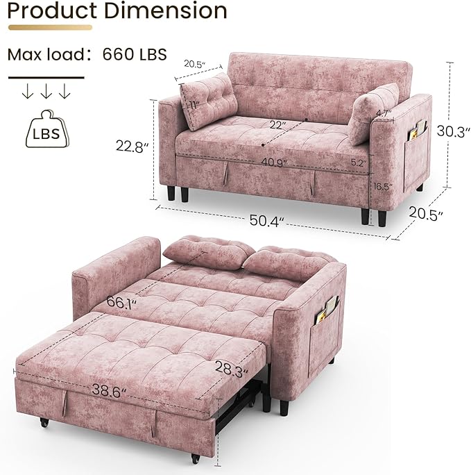 3 in 1 Convertible Sleeper Sofa Bed, Pull Out Couch Bed with Adjustable Backrest, Chenille Loveseat Couches with Side Pocket for Living Room, Bedroom (Pink)-Ruum Studio Home