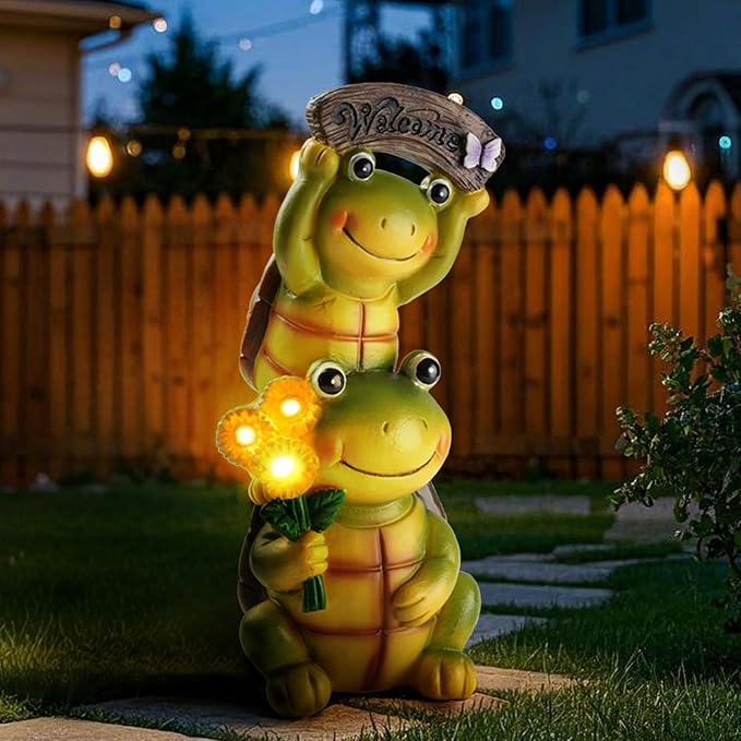 Garden Turtle Outdoor Statues, Solar Garden Statue Two Sweet Frog Face Turtles Decor with 3 LED Lights, Unique Art Resin Gifts for Patio Lawn Porch Yard-Ruum Studio Home