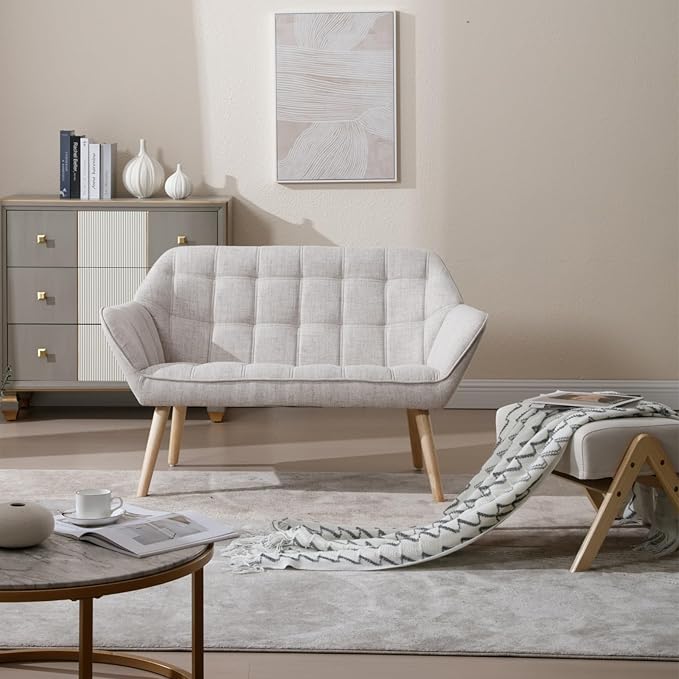 48" Small Loveseat Sofa, Modern Linen Fabric Mini Sofa Couch 2-Seater Love Seat with Quilting Backs and Wood Legs for Living Room, Bedroom and Small Space, Beige-Ruum Studio Home