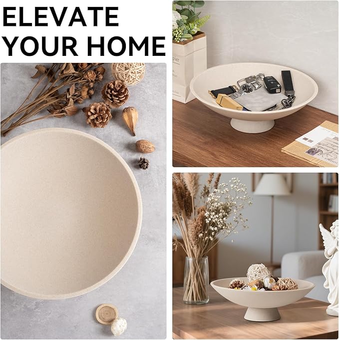 Decorative fruit bowl for Home Decor Large Modern Handicraft Key Bowl for Entryway Table Stylish Centerpiece Purse Bowl Pedestal bowl for Kitchen Counter Coffee Table(Artificial Stone Beige)-Ruum Studio Home