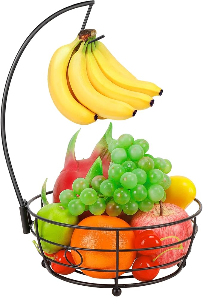 Livabber Countertop Fruit Basket Bowl with Banana Hanger, Modern Standing Fruit Vegetable Bowl Storage, with Banana Tree Holder for Kitchen Dinning Table (Round Metal, Black)-Ruum Studio Home