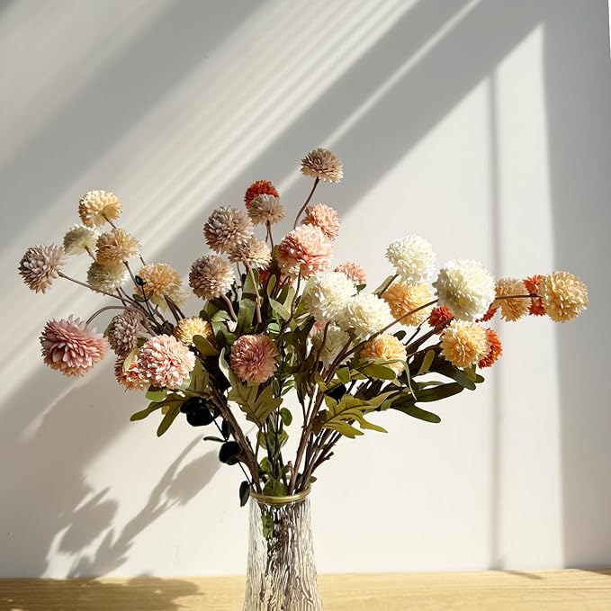 Faux Mixed Color Kiku Flower, 10 Stems with 5 Heads Each & 4 Branches Eucalyptus Stems, Artificial Small Mini Chrysanthemum Flowers for Aesthetic Room Decor, Floral Arrangements Centerpiece-Ruum Studio Home