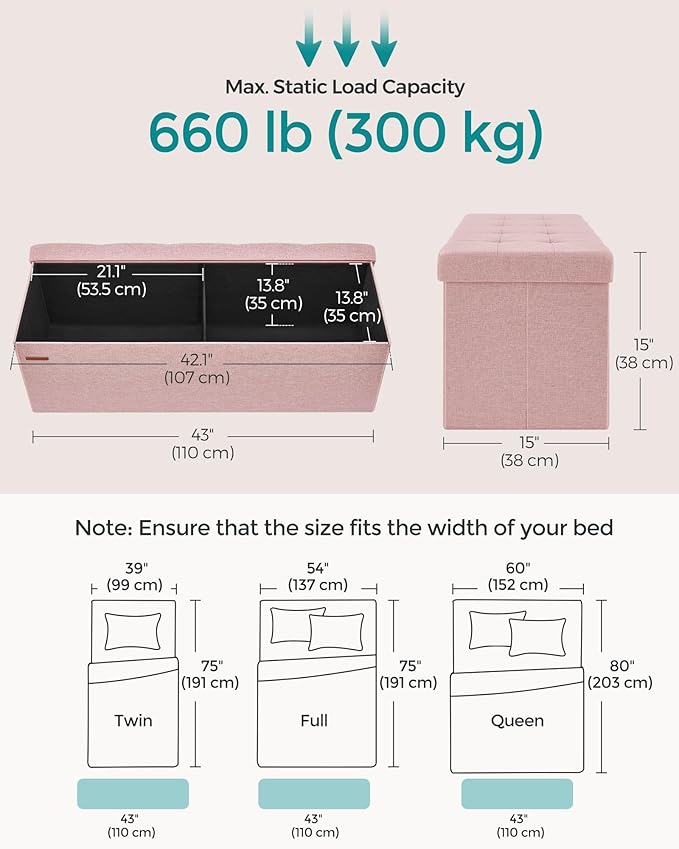 SONGMICS MAZIE Collection - 43 Inches Folding Storage Ottoman Bench, Ottoman Foot Rest, End of Bed Bench, Storage Chest, Load 660 lb, for Living Room, Bedroom, Entryway, Jelly Pink ULSF077R11-Ruum Studio Home