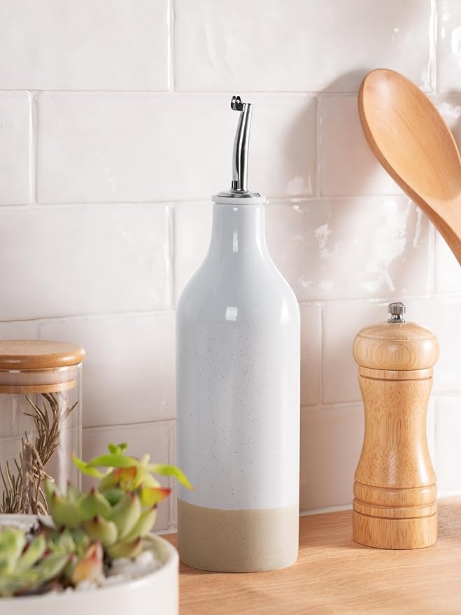 famiware Milkyway 16oz Ceramic Olive Oil Dispenser Bottle, 1 Piece Oil Dispenser for Kitchen with Stainless Steel Pourers, Suitable for Storage Vinegar, Soy Sauce, Coffee Syrup, Liquids, Light Gray-Ruum Studio Home