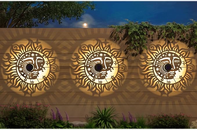 4 Pack Solar Fence Lights Metal Solar Powered Outdoor Wall Deck Step Lights Sun Moon Theme Waterproof Fence Light for Garden Post Patio Backyard Yard Decor, Gardening Gifts for Women Mom Grandma-Ruum Studio Home