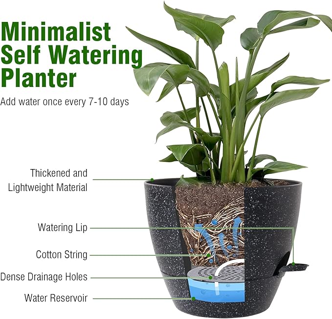12/10/9 inch Large Self Watering Pots, Planter, Plant Pots with Mesh Drainage Holes for Indoor Outdoor Garden Plants, Plastic Flower Pots with Removable Deep Reservoir, Speckled Black-Ruum Studio Home