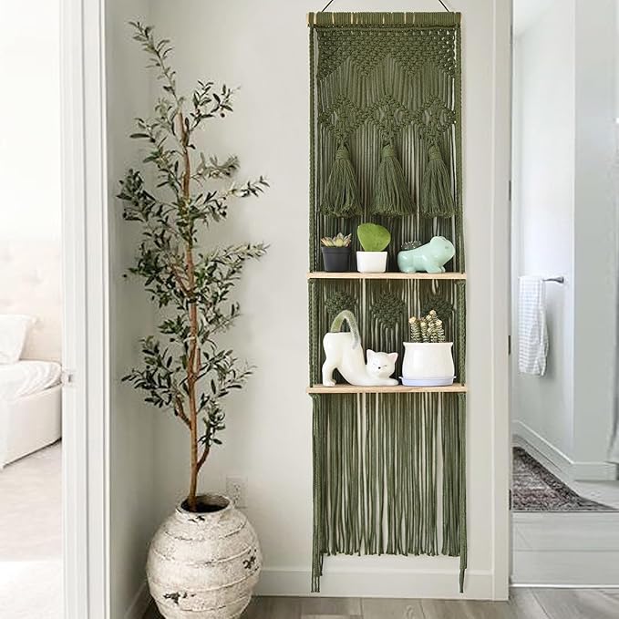 Hanging Shelf Macrame Wall Hanging Green Boho Shelfs with Tassels 2 Tier Floating for Plants Bedroom Dorm Living Room Wall Decor Rustic Wooden Organizer(Wood)-Ruum Studio Home