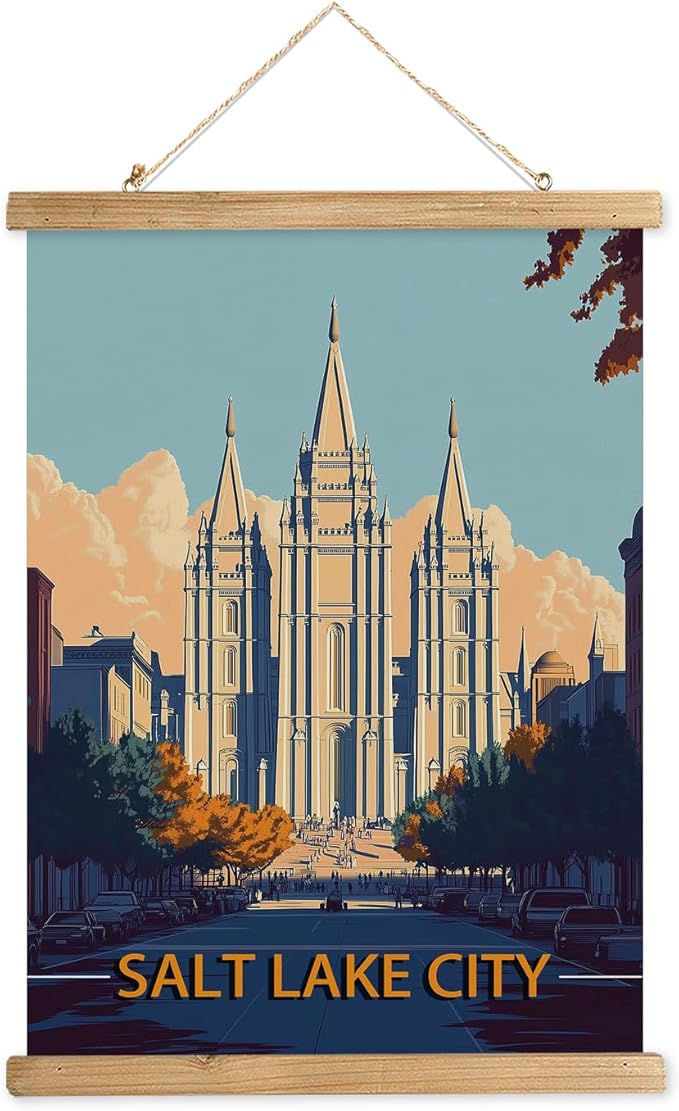 WREVERW Vintage Salt Lake City Poster Canvas Print with Wooden Hanger Frame, Featuring the Historic Salt Lake Temple, Wall Art for Home and Office Decor, 16x23 inches-Ruum Studio Home