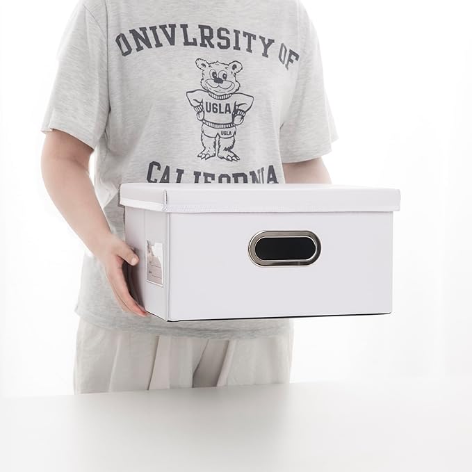 PRANDOM Collapsible Storage Box with Lid [1-Pack] Leather Fabric Foldable Storage Bin Organizer Container Basket Cube with Cover for Home Bedroom Closet Office Nursery White (13.6x9.6x6.9)-Ruum Studio Home