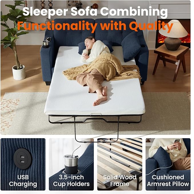 Pull Out Sofa Bed, Full Size Sleeper Sofa, 2-in-1 Convertible Corduroy Couch with USB Charging, Memory Form Couch for Living Room, Apartment and Small Space (Navy Blue, Corduroy - Full Size)-Ruum Studio Home