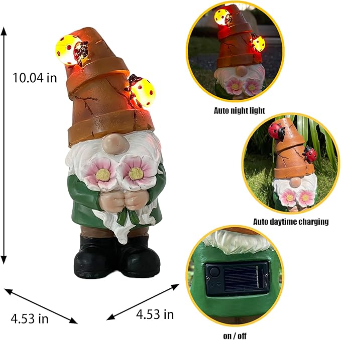COWOS Garden Gnome Statues Outdoor Decor, Solar Gnomes with LED Lighted Flowers, Solar Resin Outdoor Statue Sculpture, for Woman Gift Home and Garden Decor-Ruum Studio Home