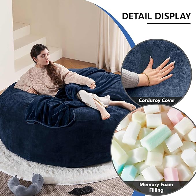 6FT,Oversized Bean Bag Chairs for Adults,Giant beanbag with Filler Included，Fluffy Memory Foam,Soft and Comfy Corduroy Fabric,Gaming Chairs Suitable for Living Room and Bedroom (Blue, 6 Foot)-Ruum Studio Home