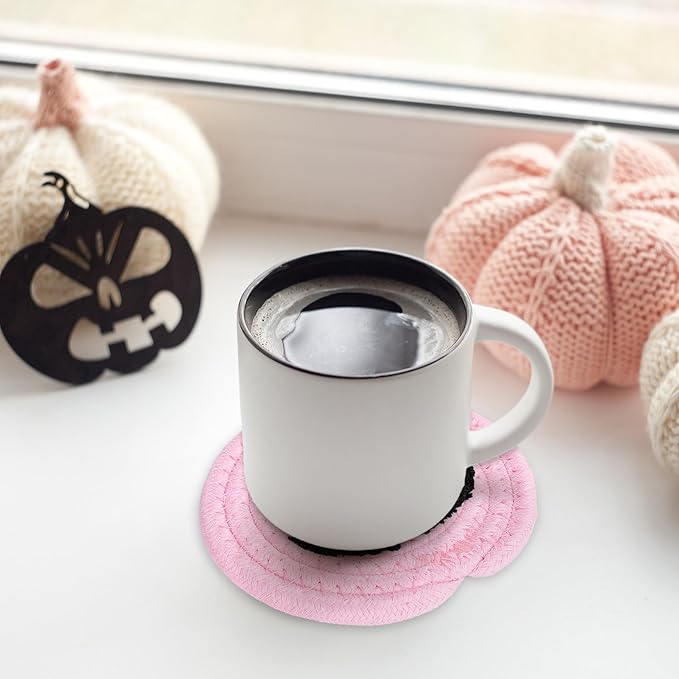 Whaline Halloween Pumpkin Cotton Coasters Pink Pumpkin Face Handmade Braided Drink Coasters Absorbent Cup Mats for Trick or Treat Party Home Table Decor, Set of 4-Ruum Studio Home