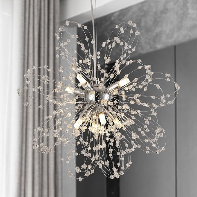 Modern Small Chandeliers, Sputnik Sunflower Crystal Beaded Hanging Lamps, Round Chrome Dandelion Pendant Light for Kitchen Island Bathroom Bedroom Entryway (Chrome 8Lights)-Ruum Studio Home