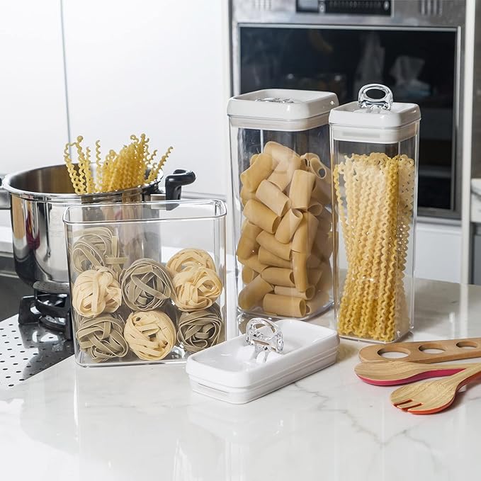 Felli Flip Tite TALL Storage Container with Lid 4" Air Tight Easy Open Ring Top, Clear Acrylic Skinny Canister Jar for Spaghetti Lasagna Fettuccine Noodle, Kitchen Cupboard Pantry Organizer (2.0 qt)-Ruum Studio Home