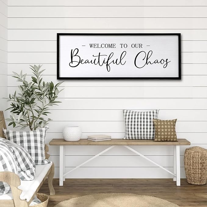 Welcome to Beautiful Chaos Framed Wall Art, 40''×15'' Rustic Horizontal Beautiful Chaos Plaque with Black Frame for Entryway Living Room, Farmhouse Long Welcome to our Chaos Wood Sign Wall Decor-Ruum Studio Home