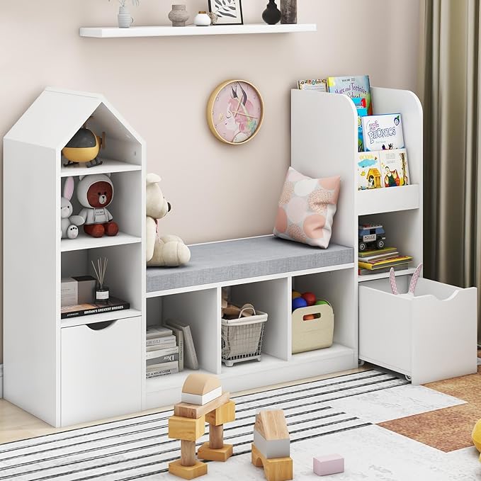 Vabches Kids Bookcase and Bookshelf with Reading Nook, Multifunctional Bookcase with 7 Storage Cubbies 2 Movable Drawers, Bookcases with Seat Cushion for Toy Storage Organizer Children's Room, Bedroom-Ruum Studio Home
