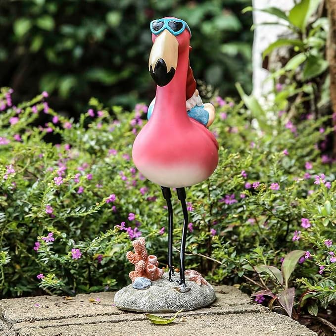 Gnome Garden Statue Funny Gnome Reclining on Flamingo Dwarf Figurines Resin Garden Gnomes Fall Decorations Outdoor for Patio Yard Lawn Porch Housewarming Ornament Gift-Ruum Studio Home