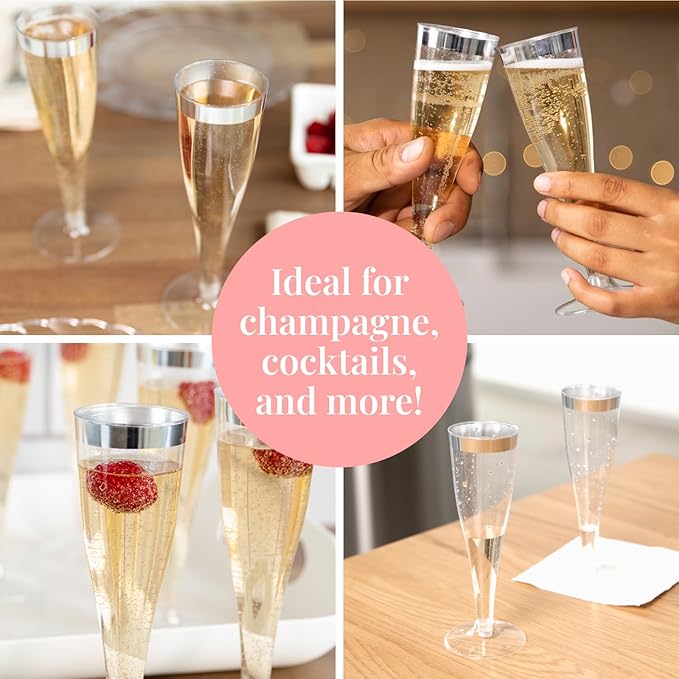 Prestee Set of 24 Silver Glitter Plastic Champagne Flutes - 4.5 oz Capacity - Shatterproof Durable Disposable Glasses - Elegant Design - Ideal for Weddings, Cocktail Parties, and Outdoor Celebrations-Ruum Studio Home
