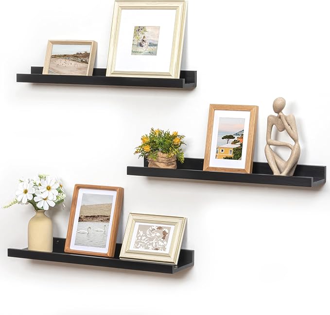 Picture Ledge Wall Shelves 24 inches Width Set of 3, Solid Pine Wood Rustic Floating Ledge Shelves for Kids' Room Bedroom Kitchen Bathroom Living Room Nursery Display Wall Decor, Black-Ruum Studio Home