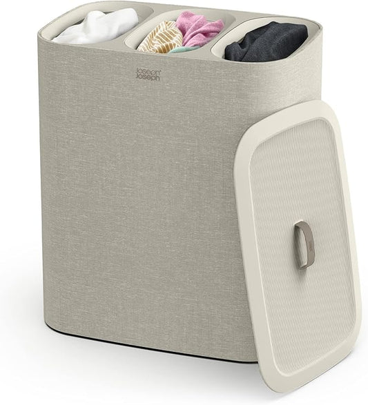 Joseph Joseph Tota Trio 90 liter/23.8 gallon Laundry Hamper Separation Basket with lid, 3 Removable Washing Bags with Handles- Ecru-Ruum Studio Home