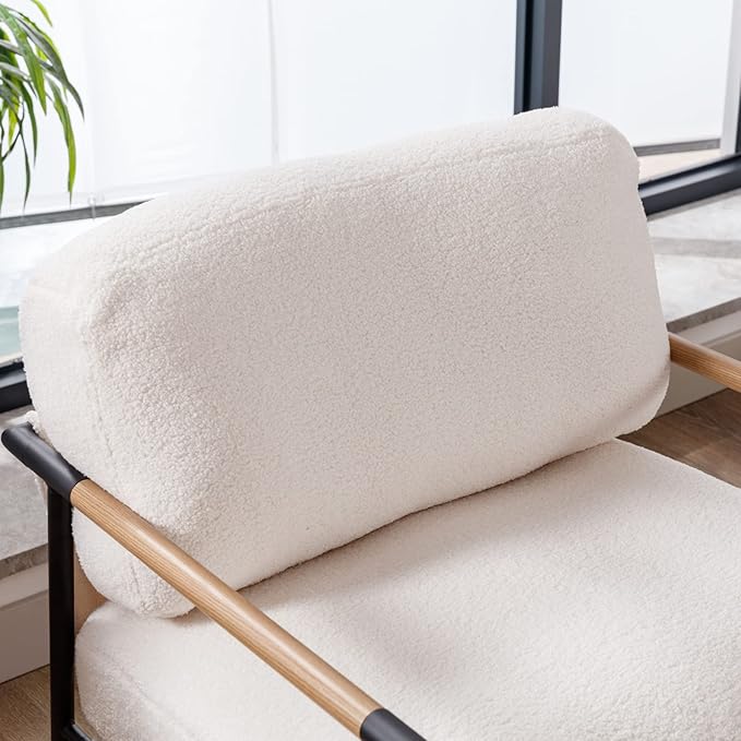 Mid-Century Accent Chair Set of 2, Soft Armchair Sherpa Fabric Lounge Chair with Black Metal Legs, Upholstered Leisure Chair for Living Room Bedroom Reception Room, White-Ruum Studio Home