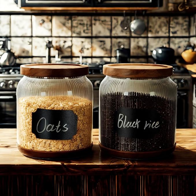 SAIOOL 2-Pack Striped Borosilicate Glass Airtight Canisters - Big mouth Large Capacity, Acacia Wood Lid, Food Storage Jars for Flour, Pasta, Pantry Organization (1/2 Gallon （Striped 2 pack）)-Ruum Studio Home