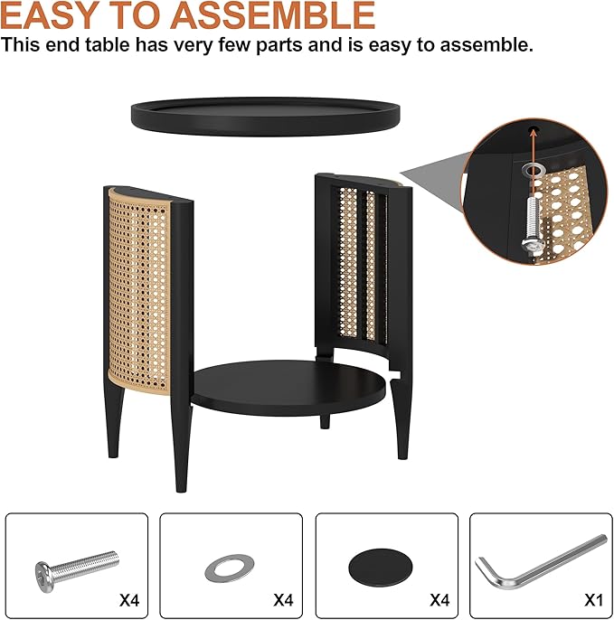 Yusong Round End Table Rattan Side Table with Solid Wood Legs, Boho Style Nightstand Bedside Table with 2-Tier Shelves, Small Coffee Table for Living Room Bedroom Small Spaces Black-Ruum Studio Home