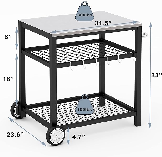 Stainless Steel Grill Cart Pizza Oven Stand Trolley Table with Wheels Pizza Cart Three-Shelf Movable Food Prep Work Dining Table with Double-Shelf Heavy Duty Outdoor 31.5" x 24 x 33.5-Ruum Studio Home