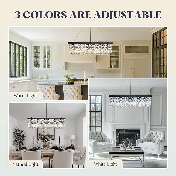 Rectangle K9 Crystal Chandelier,Rectangular Contemporary Pendant Light Fixture,Black Modern Crystal Chandeliers for Dining Room Kitchen Island L31.5''xW10''xH10''-Ruum Studio Home